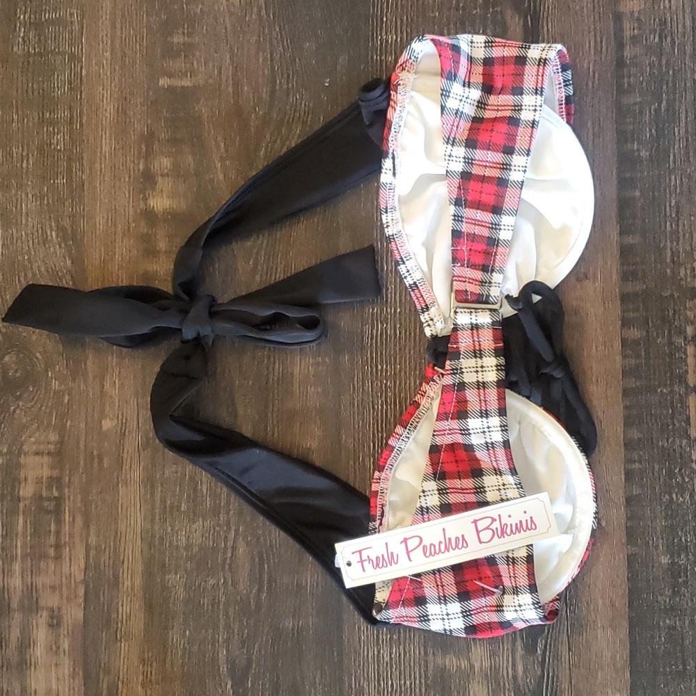 NWT Fresh Peaches Red and Black Plaid Bikini Top Size L - Picture 2 of 4